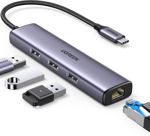 Ugreen-USB-C to 3×USB3.0 Hub+RJ45 (1000M) Ethernet  Adapter -60600